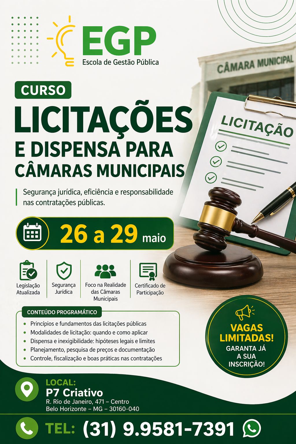Curso Licitações e Dispensa para Câmaras Municipais — 26 a 29 de maio